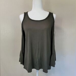 Chico's Sz 0 Small Olive Green Cold Shoulder Tunic Top Braided Trim Bell Sleeves